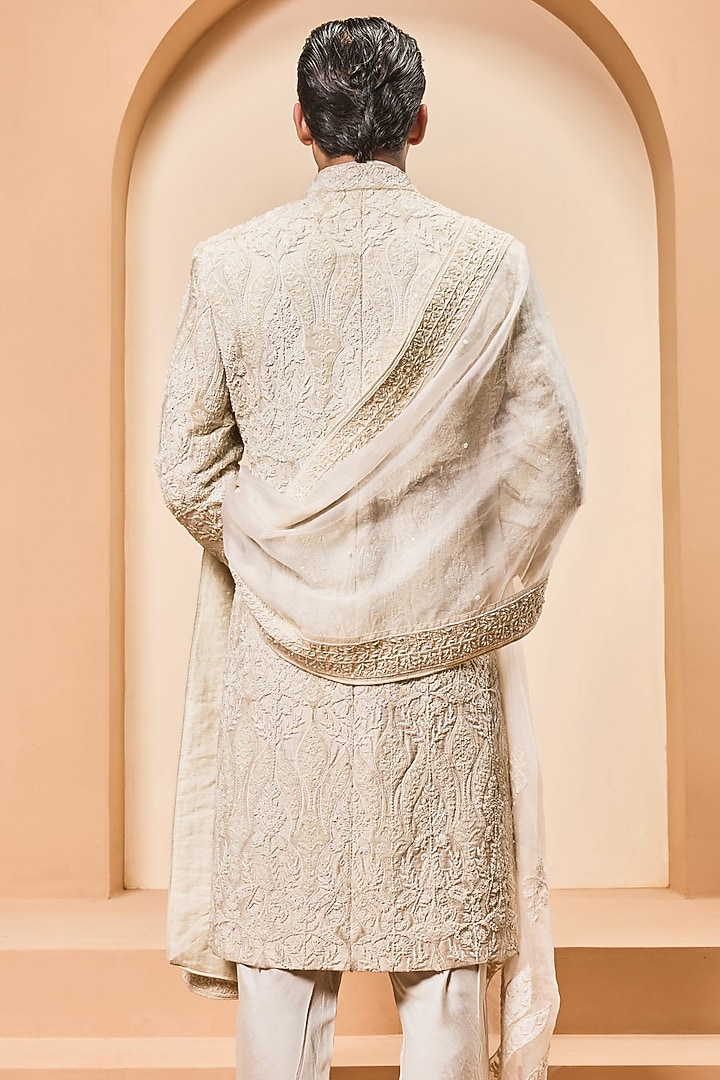 Ivory Raw Silk Threadwork Groom Sherwani Set by Sarab Khanijou at Pernia's Pop Up Shop