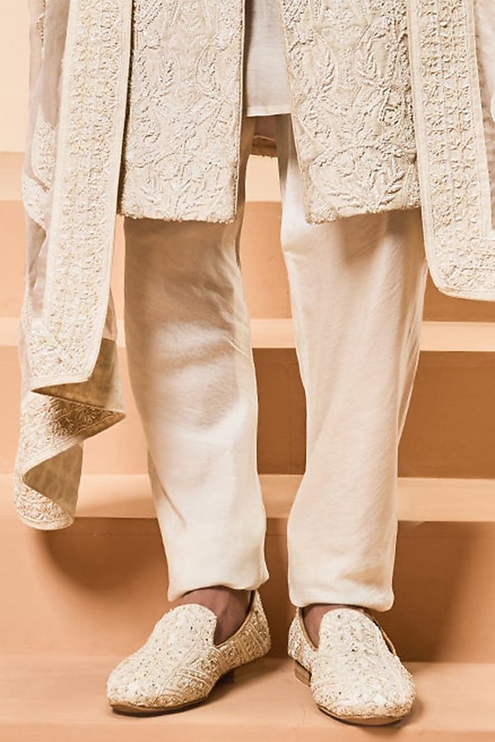 Ivory Raw Silk Threadwork Groom Sherwani Set by Sarab Khanijou at Pernia's Pop Up Shop