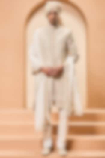 Ivory Matka Silk Pearl Work Groom Sherwani Set by Sarab Khanijou at Pernia's Pop Up Shop