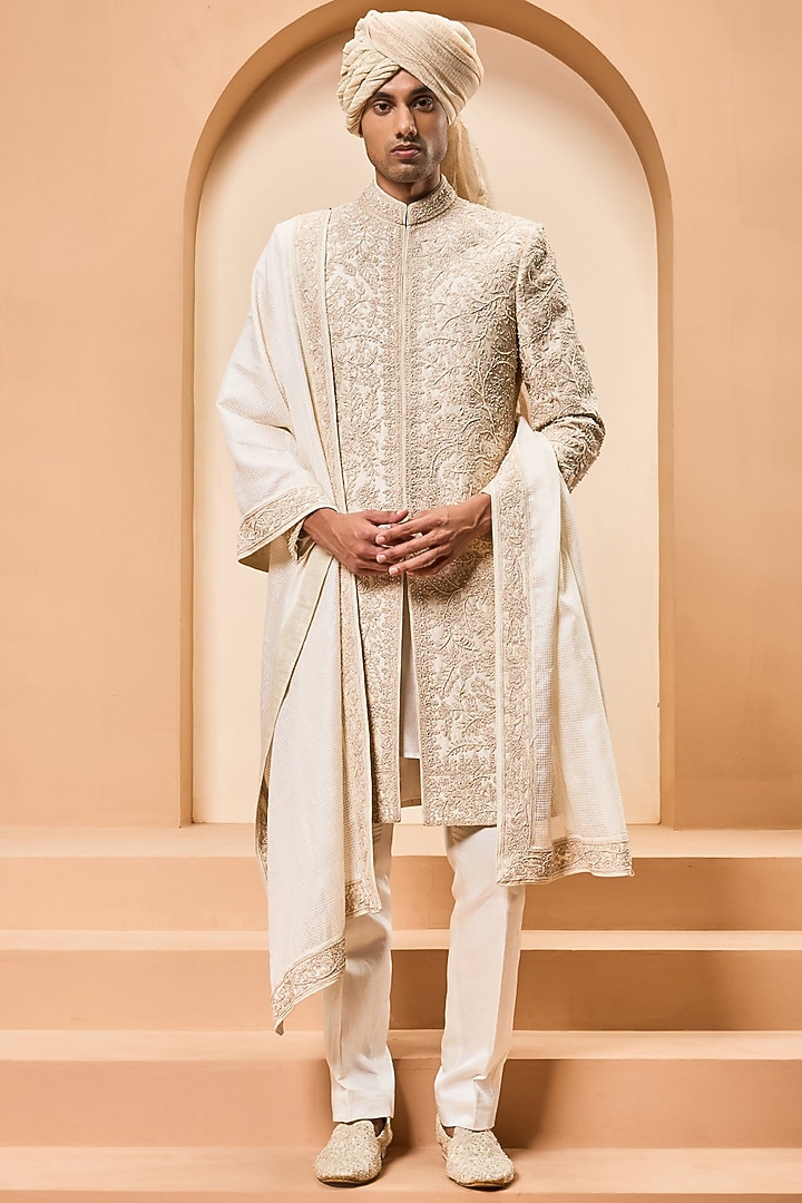 Ivory Matka Silk Pearl Work Groom Sherwani Set by Sarab Khanijou at Pernia's Pop Up Shop