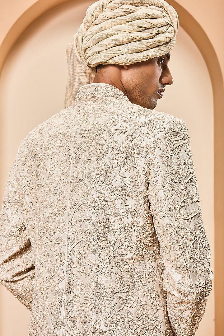 Ivory Matka Silk Pearl Work Groom Sherwani Set by Sarab Khanijou at Pernia's Pop Up Shop
