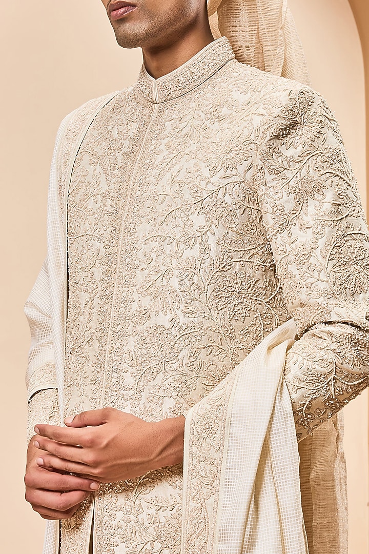 Ivory Matka Silk Pearl Work Groom Sherwani Set by Sarab Khanijou at Pernia's Pop Up Shop