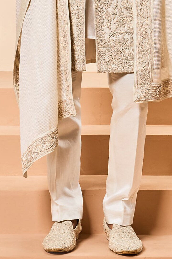 Ivory Matka Silk Pearl Work Groom Sherwani Set by Sarab Khanijou at Pernia's Pop Up Shop