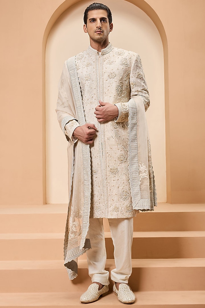 Ivory Raw Silk Cutdana Work Groom Sherwani Set by Sarab Khanijou at Pernia's Pop Up Shop