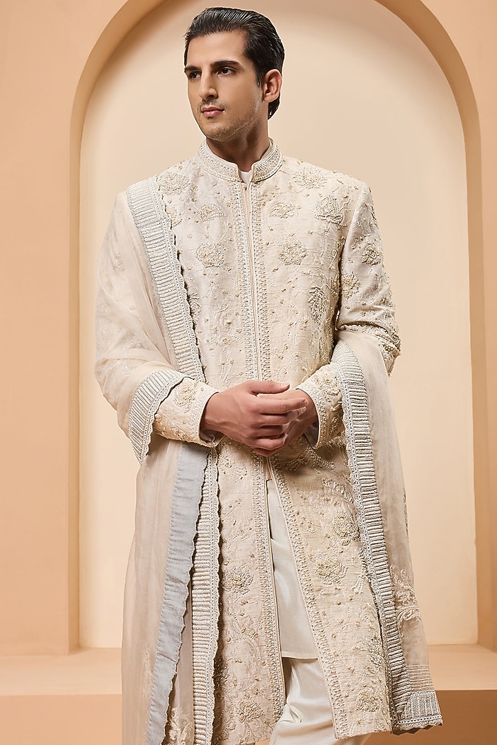 Ivory Raw Silk Cutdana Work Groom Sherwani Set by Sarab Khanijou at Pernia's Pop Up Shop