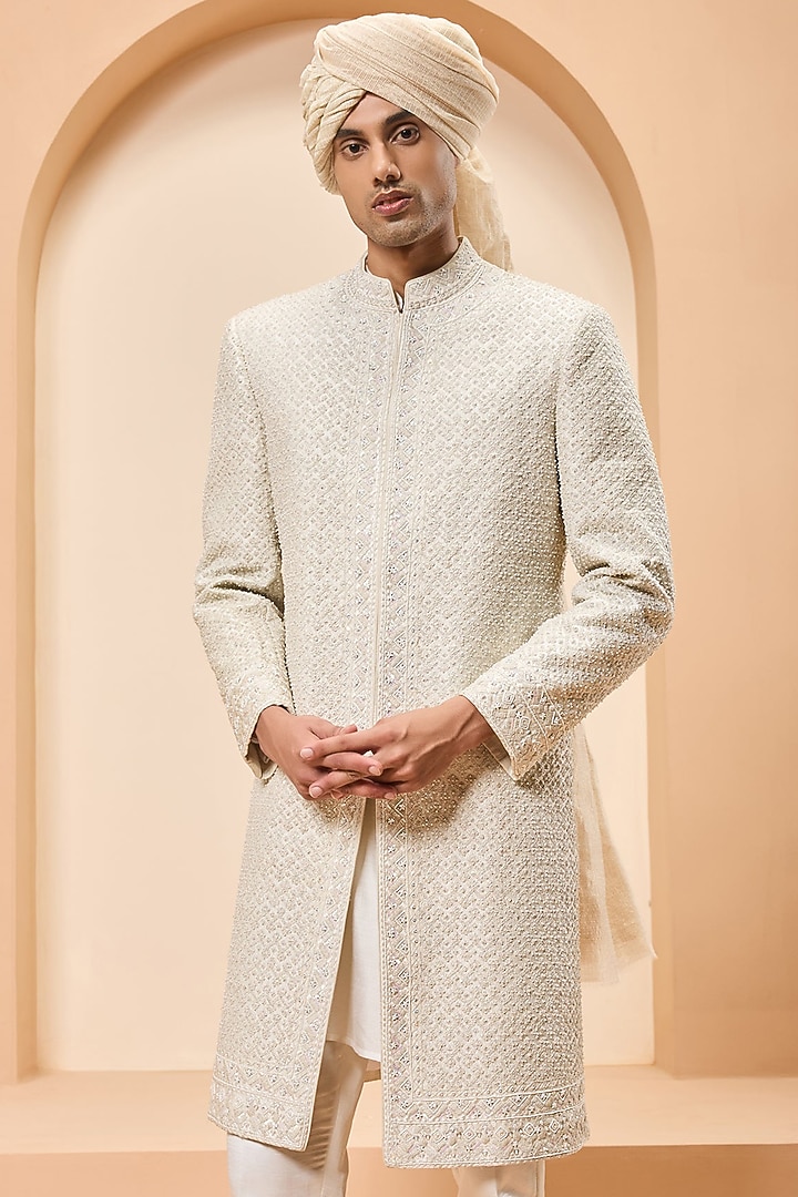 Ivory Raw Silk Thread Work Groom Sherwani Set by Sarab Khanijou at Pernia's Pop Up Shop
