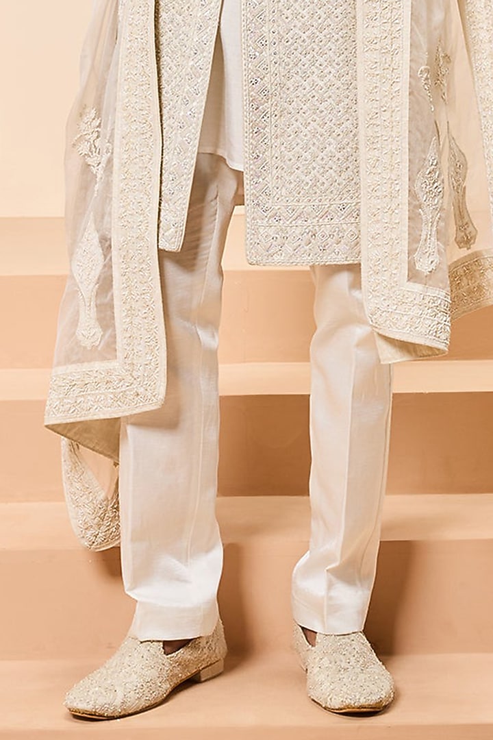 Ivory Raw Silk Thread Work Groom Sherwani Set by Sarab Khanijou at Pernia's Pop Up Shop