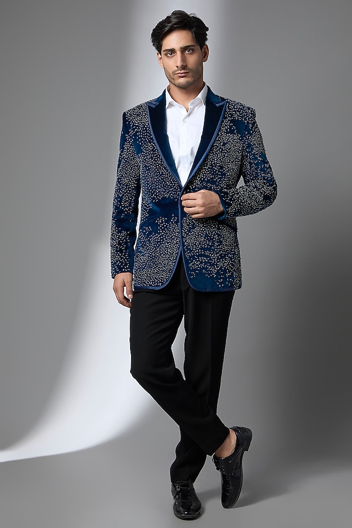 Teal Blue Sandwash Tuxedo Set by Sarab Khanijou at Pernia's Pop Up Shop