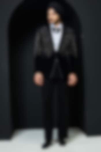 Black Velvet Pearl Embroidered Tuxedo Set by Sarab Khanijou at Pernia's Pop Up Shop