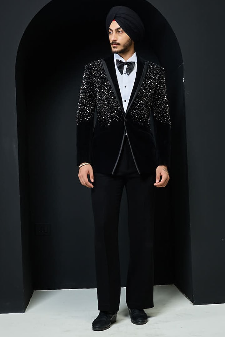 Black Velvet Pearl Embroidered Tuxedo Set by Sarab Khanijou at Pernia's Pop Up Shop