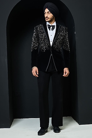 Black Velvet Pearl Embroidered Tuxedo Set by Sarab Khanijou