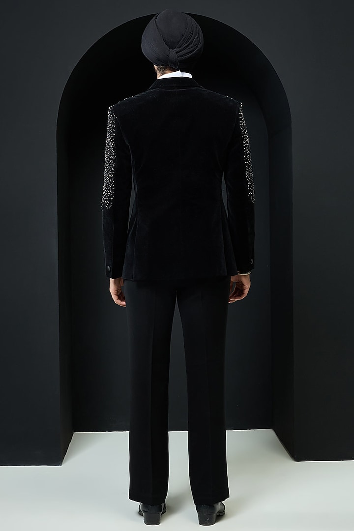 Black Velvet Pearl Embroidered Tuxedo Set by Sarab Khanijou at Pernia's Pop Up Shop