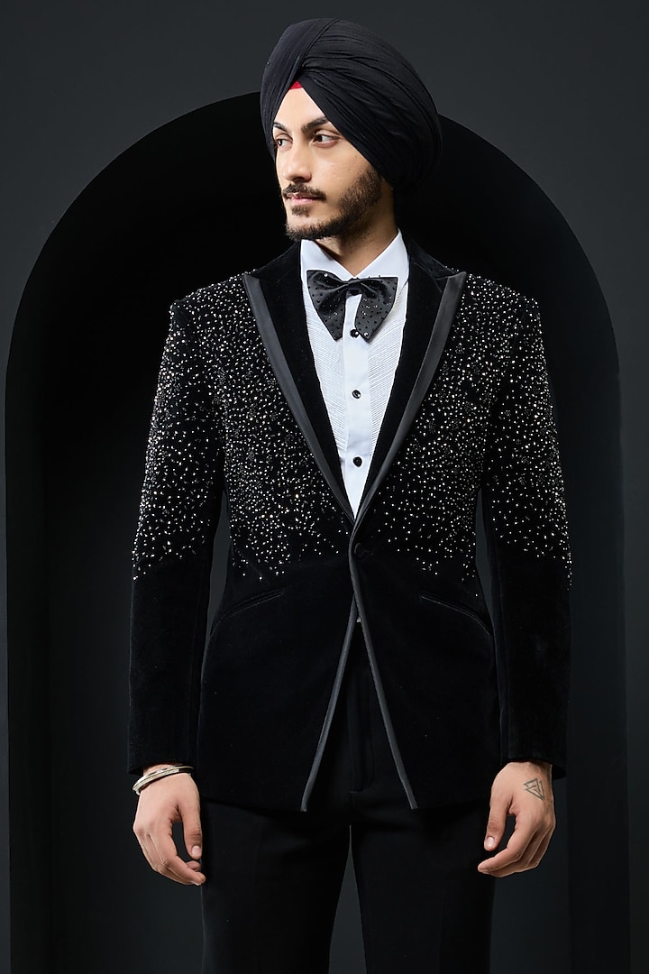 Black Velvet Pearl Embroidered Tuxedo Set by Sarab Khanijou at Pernia's Pop Up Shop