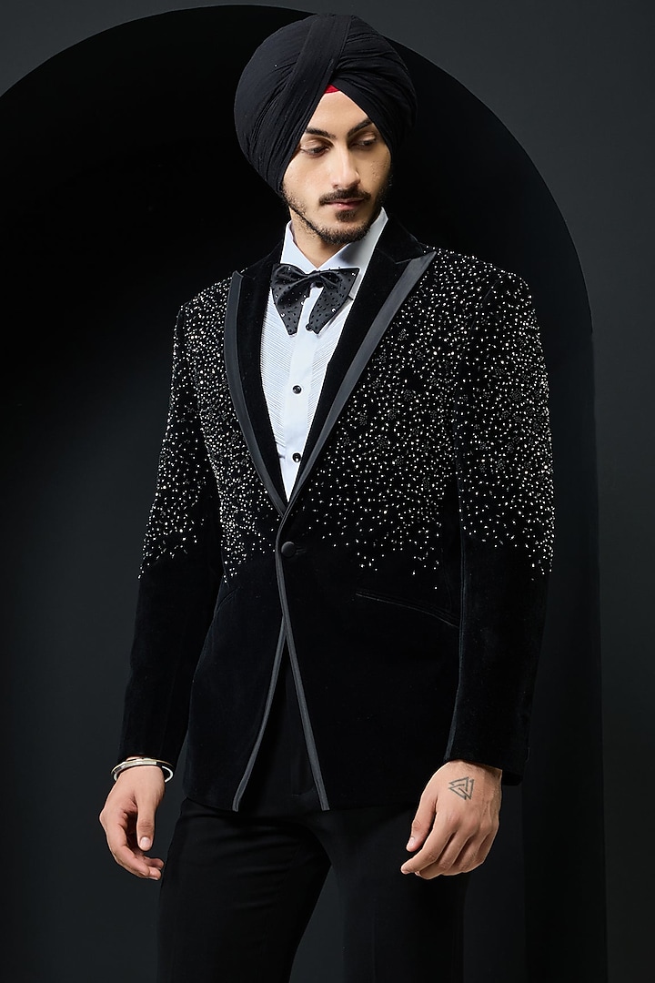 Black Velvet Pearl Embroidered Tuxedo Set by Sarab Khanijou at Pernia's Pop Up Shop