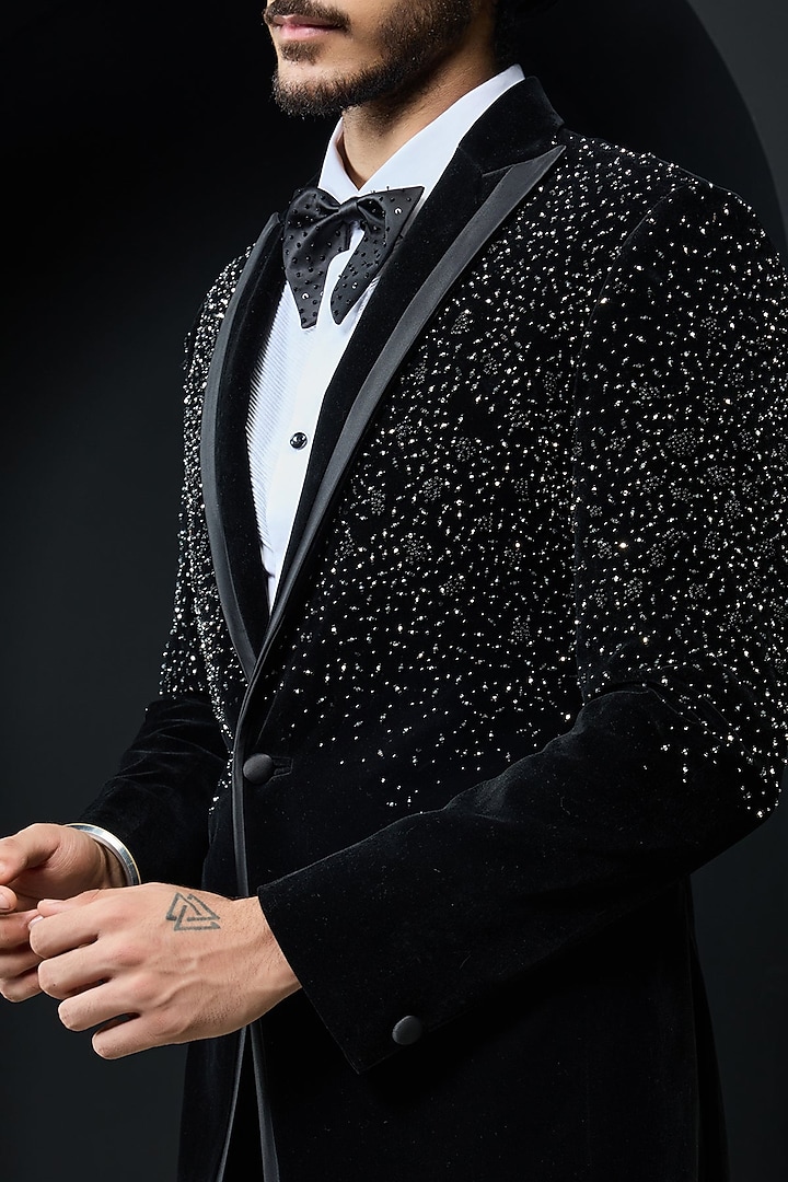 Black Velvet Pearl Embroidered Tuxedo Set by Sarab Khanijou at Pernia's Pop Up Shop