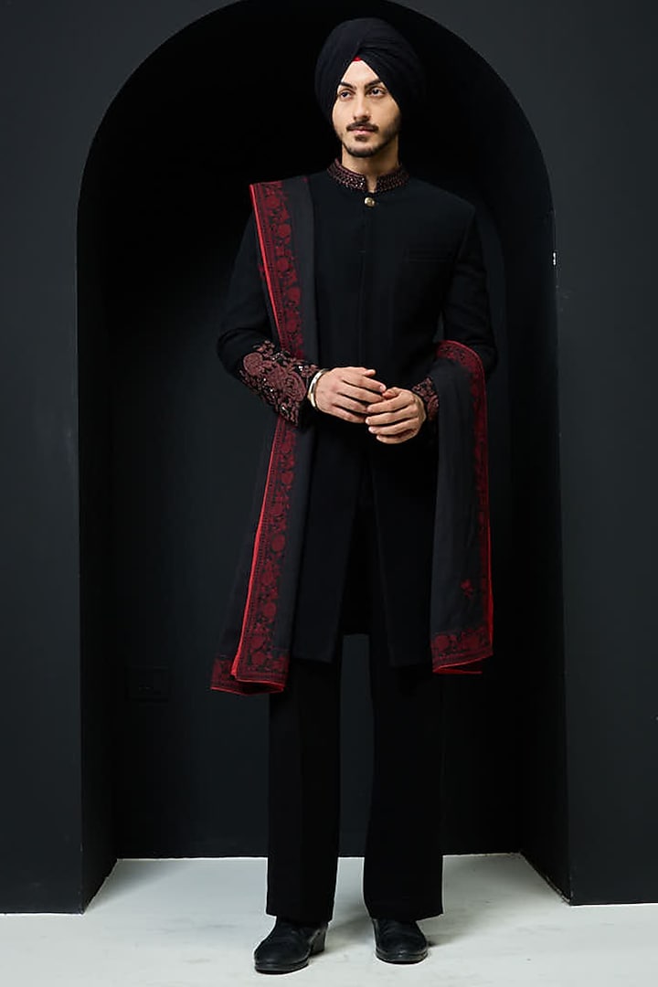 Black Sandwash Thread Work Groom Indowestern Set by Sarab Khanijou at Pernia's Pop Up Shop