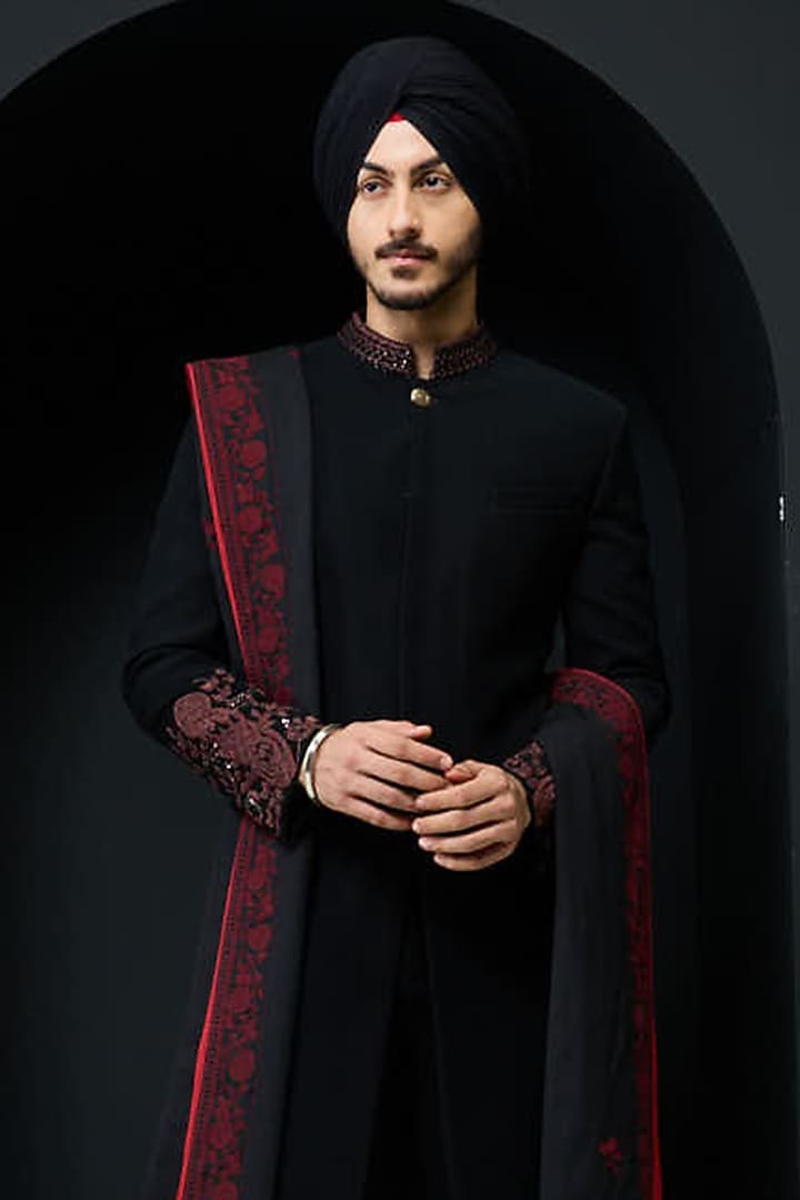 Black Sandwash Thread Work Groom Indowestern Set by Sarab Khanijou at Pernia's Pop Up Shop