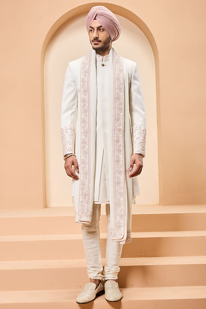 Ivory Self Fabric Thread Work Groom Sherwani Set by Sarab Khanijou at Pernia's Pop Up Shop