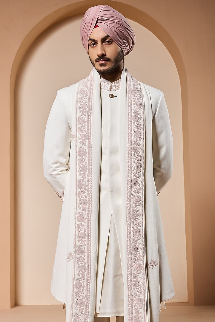 Ivory Self Fabric Thread Work Groom Sherwani Set by Sarab Khanijou at Pernia's Pop Up Shop