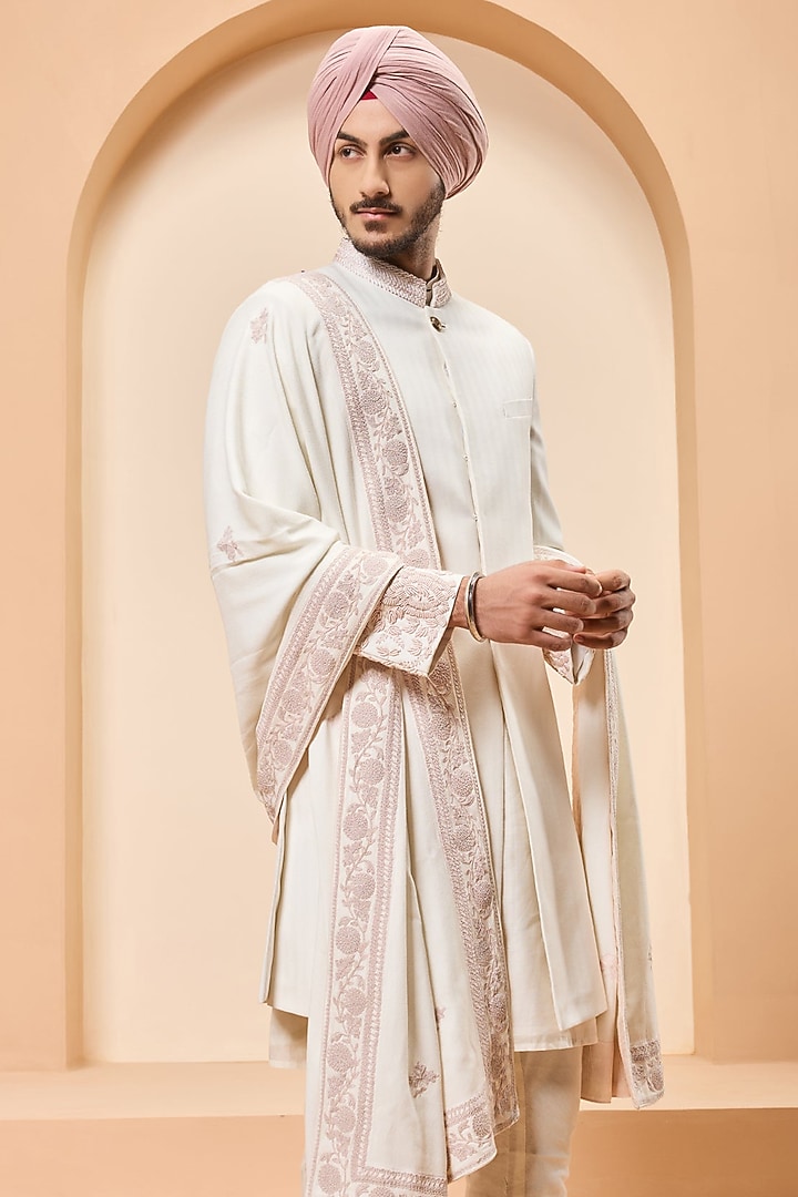 Ivory Self Fabric Thread Work Groom Sherwani Set by Sarab Khanijou at Pernia's Pop Up Shop