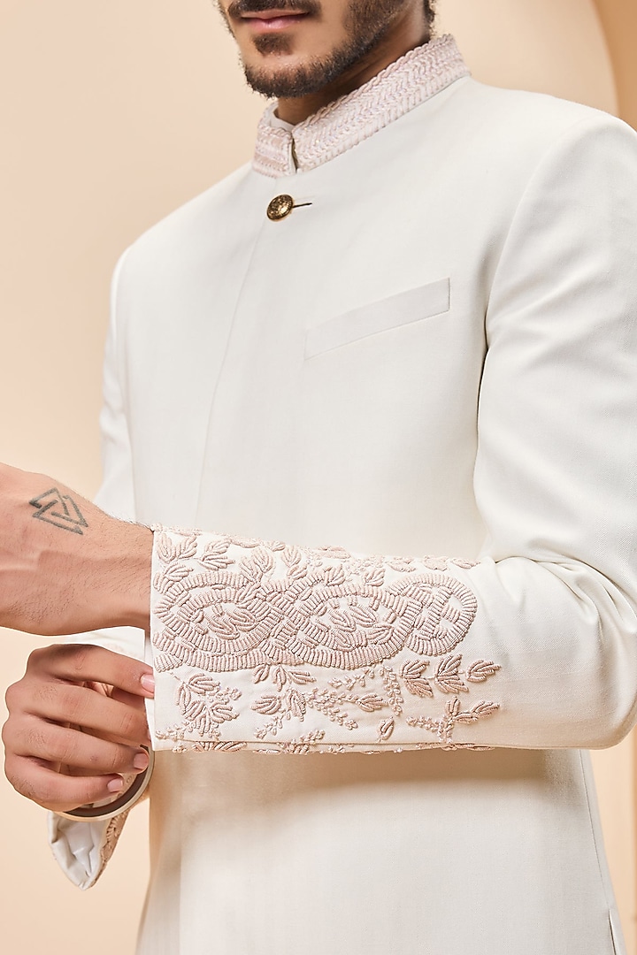 Ivory Self Fabric Thread Work Groom Sherwani Set by Sarab Khanijou at Pernia's Pop Up Shop