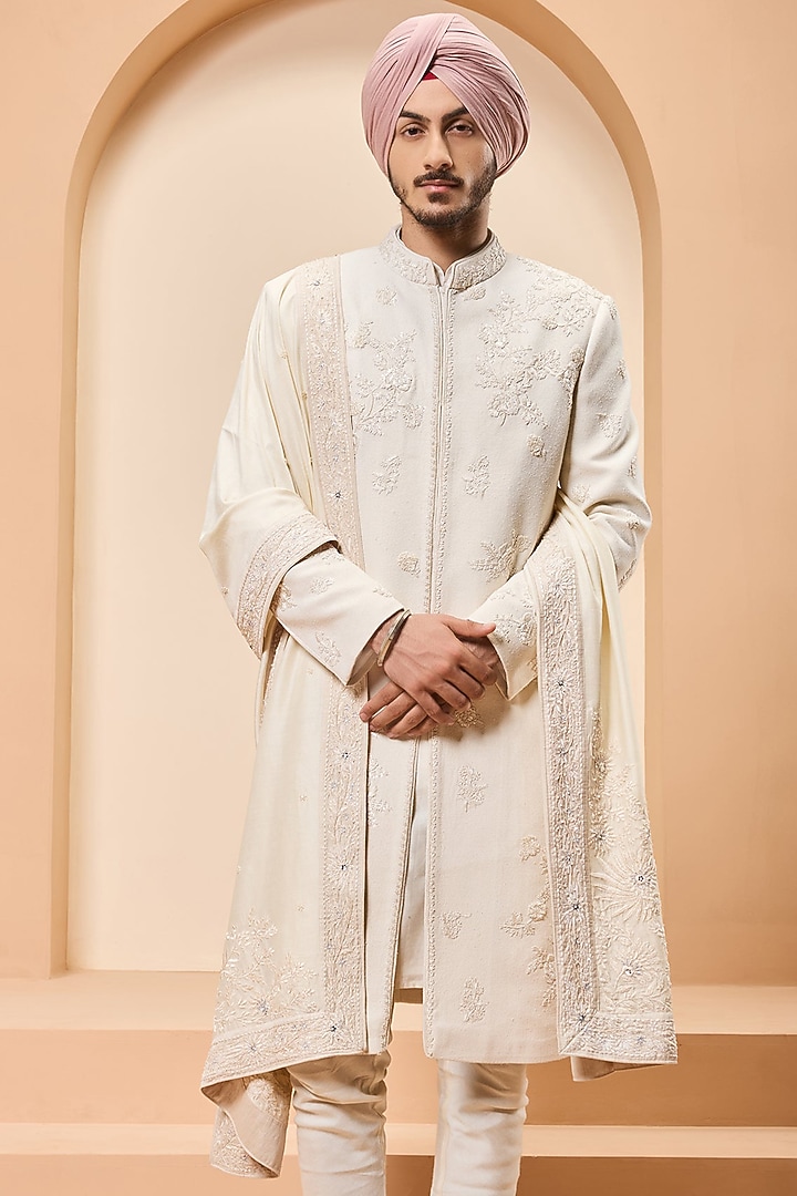 Ivory Raw Silk Thread Work Groom Sherwani Set by Sarab Khanijou at Pernia's Pop Up Shop