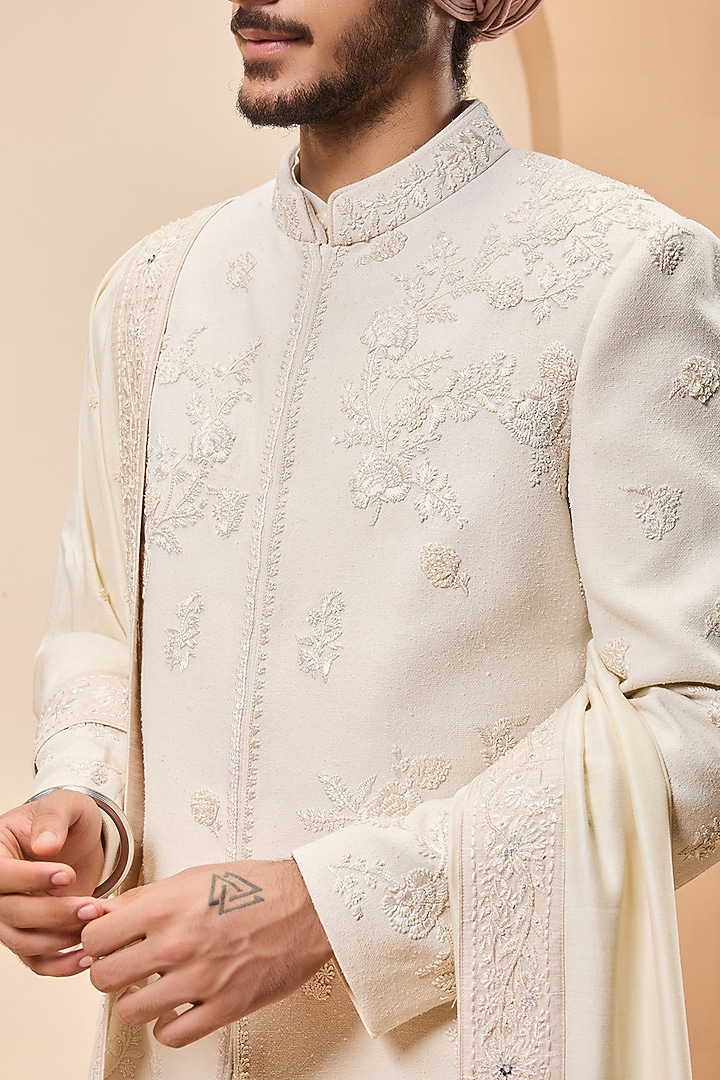 Ivory Raw Silk Thread Work Groom Sherwani Set by Sarab Khanijou at Pernia's Pop Up Shop