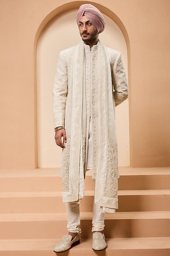 Ivory Matka Silk Thread Work Groom Sherwani Set by Sarab Khanijou at Pernia's Pop Up Shop