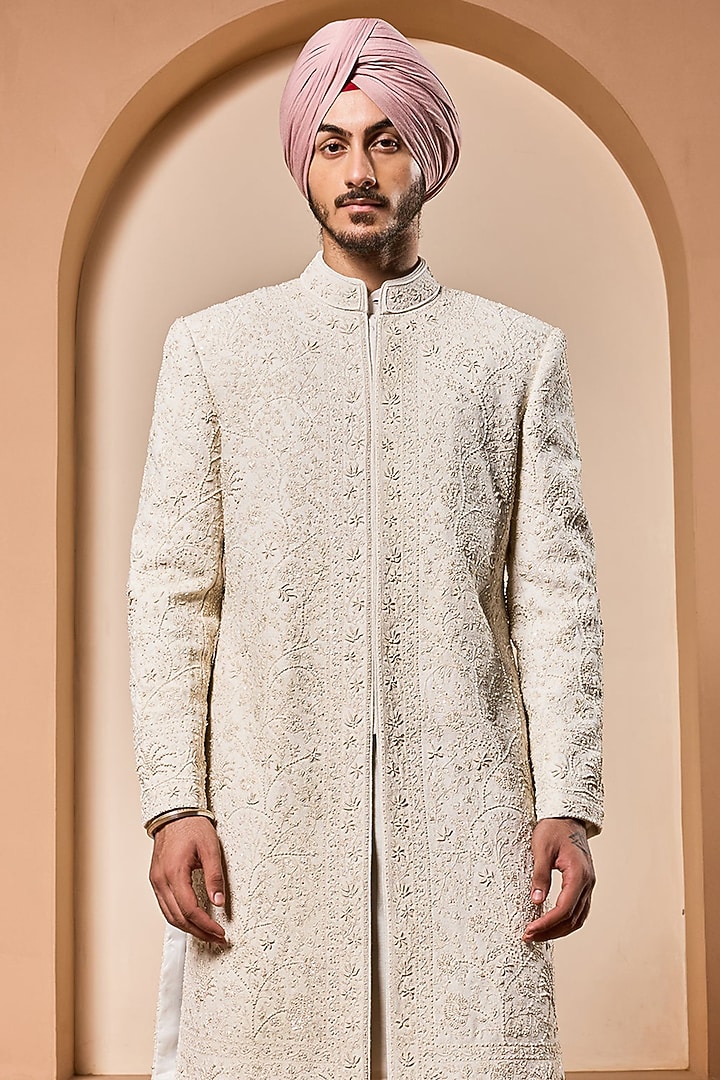 Ivory Matka Silk Thread Work Groom Sherwani Set by Sarab Khanijou at Pernia's Pop Up Shop