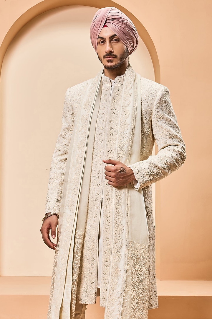 Ivory Matka Silk Thread Work Groom Sherwani Set by Sarab Khanijou at Pernia's Pop Up Shop