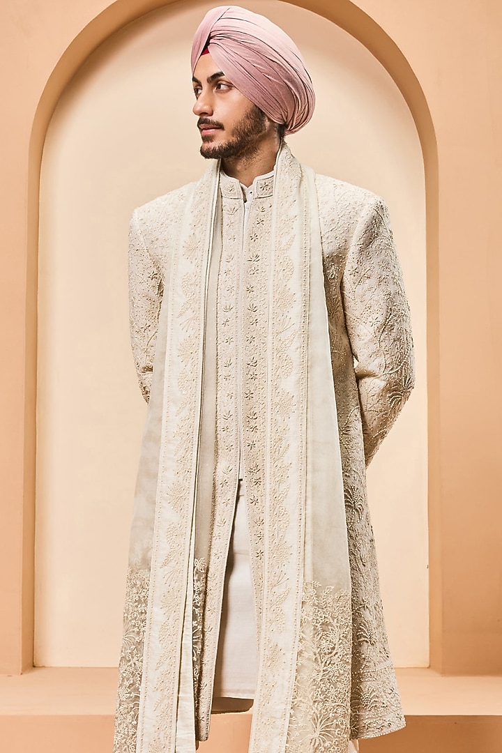 Ivory Matka Silk Thread Work Groom Sherwani Set by Sarab Khanijou at Pernia's Pop Up Shop