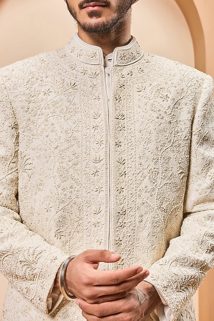 Ivory Matka Silk Thread Work Groom Sherwani Set by Sarab Khanijou at Pernia's Pop Up Shop