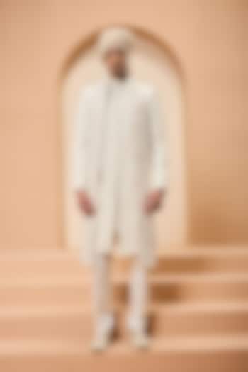 Ivory Cotton Silk Sequins Work Groom Sherwani Set by Sarab Khanijou at Pernia's Pop Up Shop