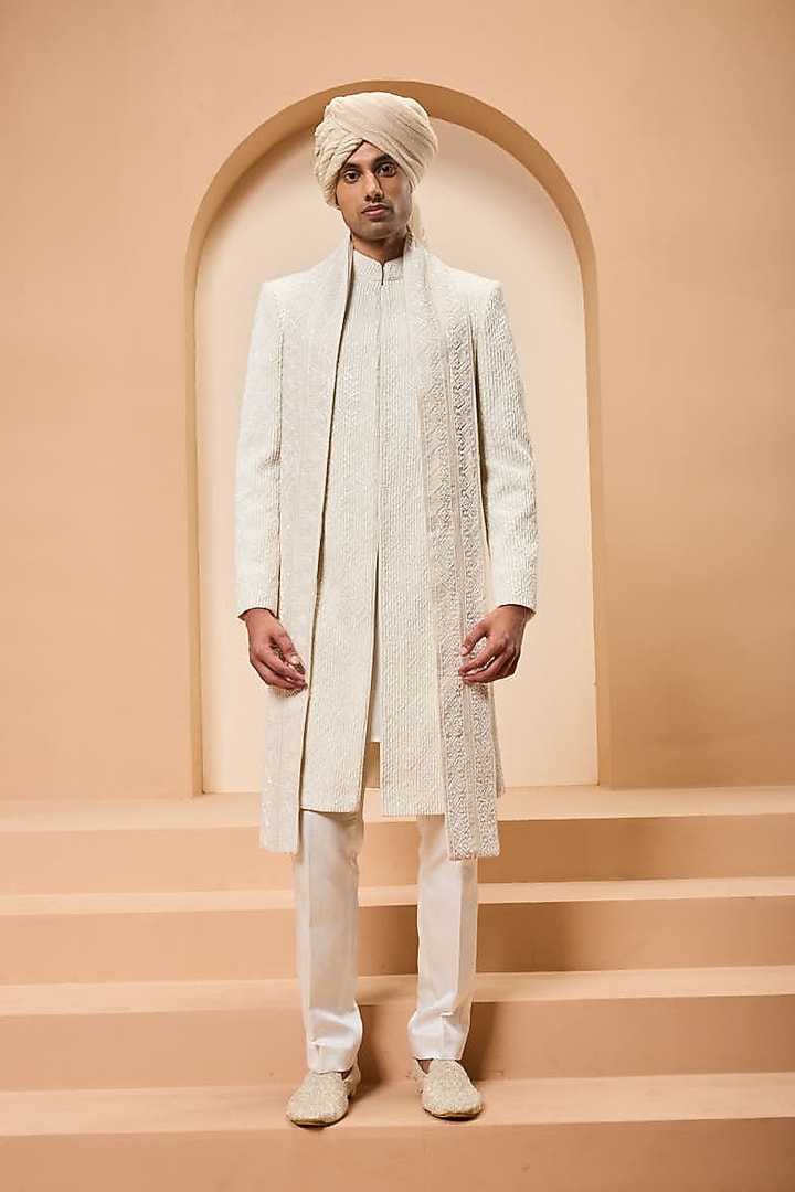 Ivory Cotton Silk Sequins Work Groom Sherwani Set by Sarab Khanijou at Pernia's Pop Up Shop