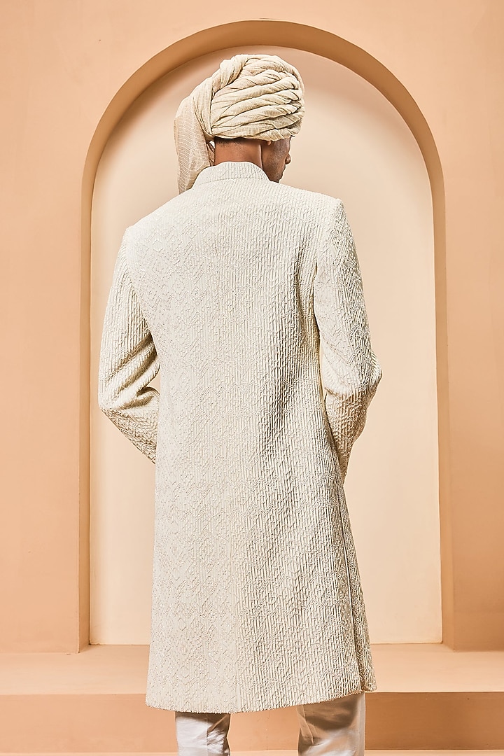 Ivory Cotton Silk Sequins Work Groom Sherwani Set by Sarab Khanijou at Pernia's Pop Up Shop