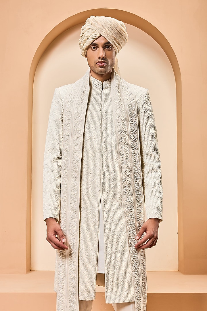 Ivory Cotton Silk Sequins Work Groom Sherwani Set by Sarab Khanijou at Pernia's Pop Up Shop