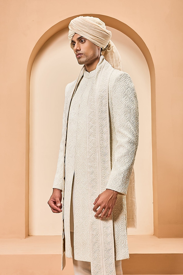 Ivory Cotton Silk Sequins Work Groom Sherwani Set by Sarab Khanijou at Pernia's Pop Up Shop