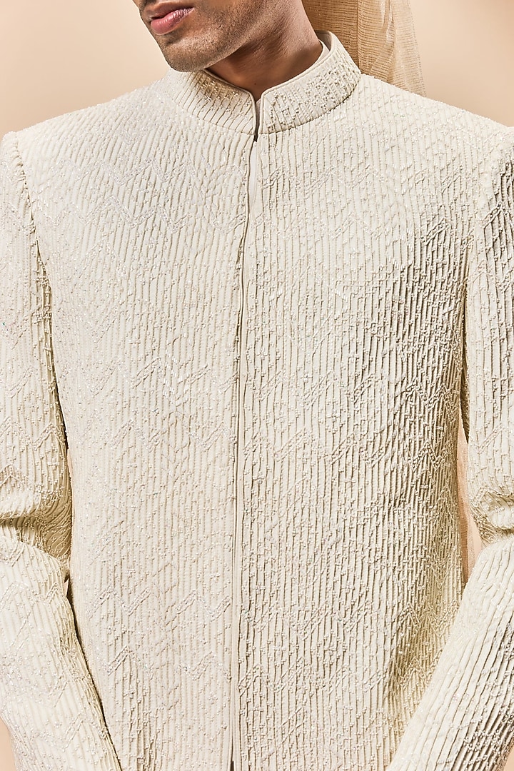 Ivory Cotton Silk Sequins Work Groom Sherwani Set by Sarab Khanijou at Pernia's Pop Up Shop