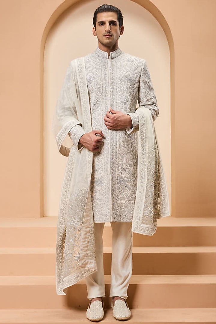 Ivory Matka Silk Thread Work Groom Sherwani Set by Sarab Khanijou at Pernia's Pop Up Shop