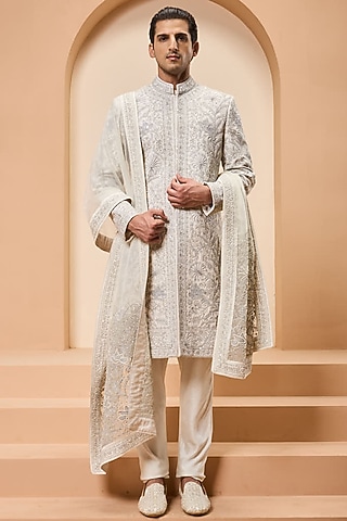 Ivory Matka Silk Thread Work Sherwani Set by Sarab Khanijou