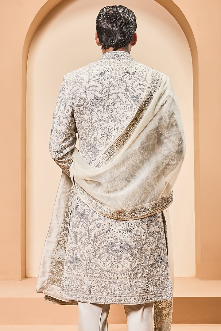 Ivory Matka Silk Thread Work Groom Sherwani Set by Sarab Khanijou at Pernia's Pop Up Shop