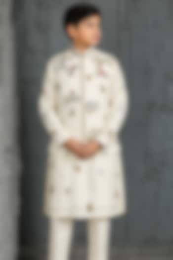 Ivory Chanderi Silk Floral Embroidered Nehru Jacket Set For Boys by Sarab Khanijou Kids at Pernia's Pop Up Shop