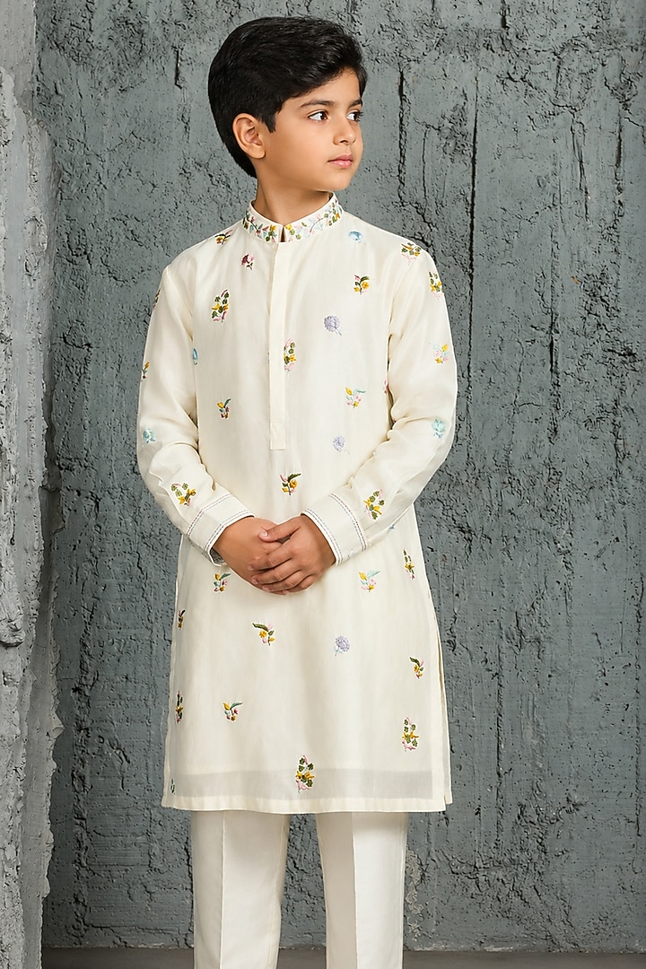 Ivory Chanderi Silk Floral Embroidered Nehru Jacket Set For Boys by Sarab Khanijou Kids at Pernia's Pop Up Shop
