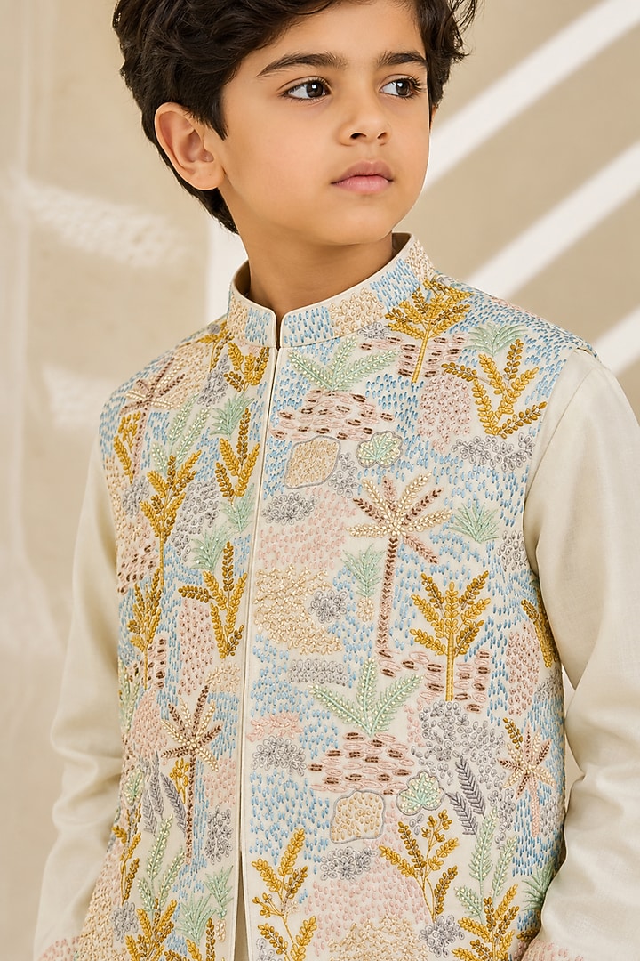Off-White Chanderi Silk Cutdana Embroidered Nehru Jacket Set For Boys by Sarab Khanijou Kids at Pernia's Pop Up Shop