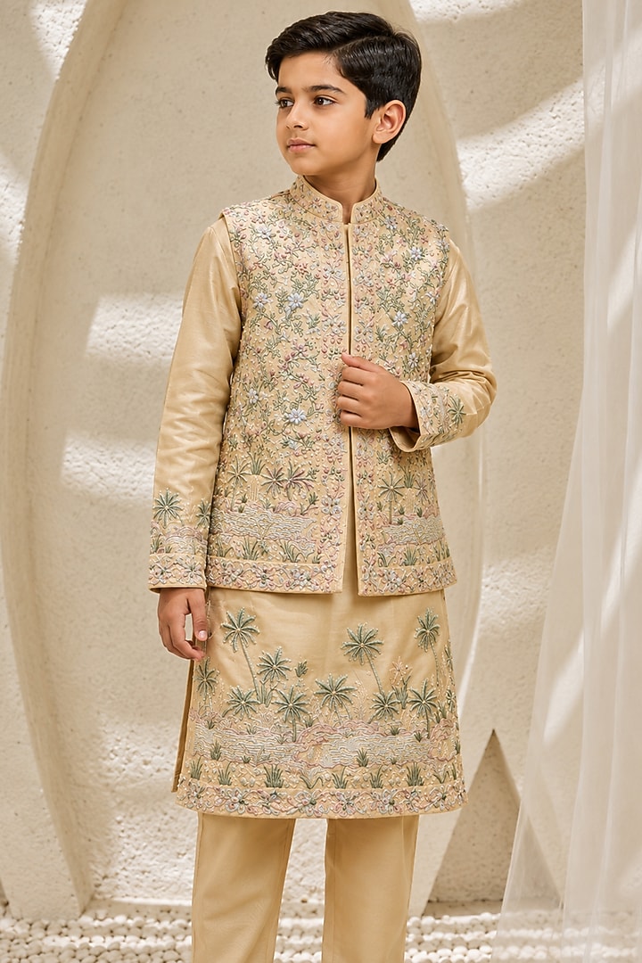 Beige Chanderi Silk 3D Embroidered Nehru Jacket Set For Boys by Sarab Khanijou Kids at Pernia's Pop Up Shop
