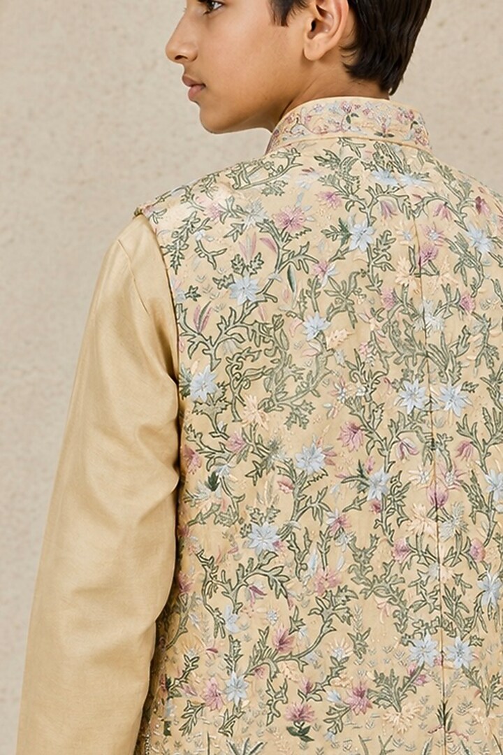 Beige Chanderi Silk 3D Embroidered Nehru Jacket Set For Boys by Sarab Khanijou Kids at Pernia's Pop Up Shop