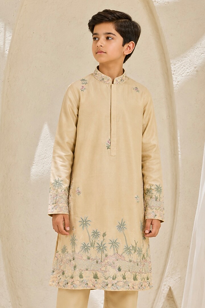 Beige Chanderi Silk 3D Embroidered Nehru Jacket Set For Boys by Sarab Khanijou Kids at Pernia's Pop Up Shop