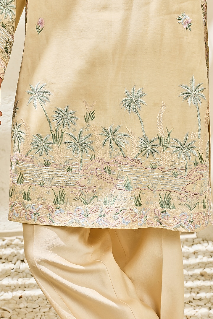 Beige Chanderi Silk 3D Embroidered Nehru Jacket Set For Boys by Sarab Khanijou Kids at Pernia's Pop Up Shop