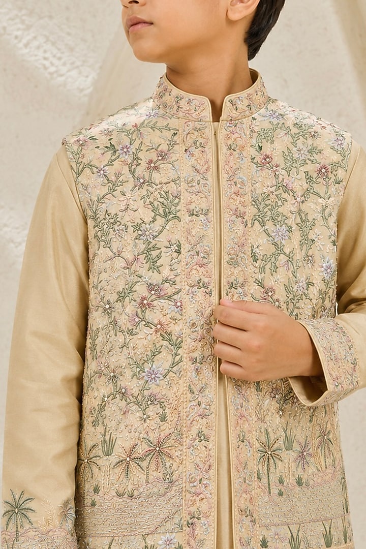 Beige Chanderi Silk 3D Embroidered Nehru Jacket Set For Boys by Sarab Khanijou Kids at Pernia's Pop Up Shop