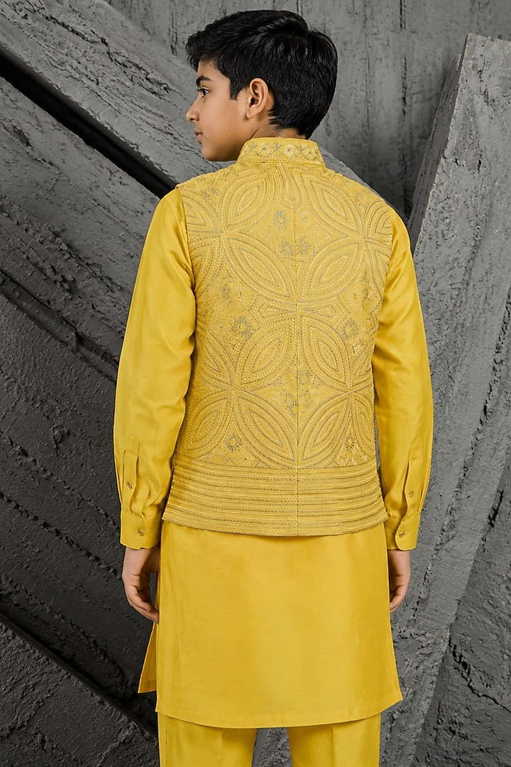 Yellow Chanderi Silk Embroidered Nehru Jacket Set For Boys by Sarab Khanijou Kids at Pernia's Pop Up Shop